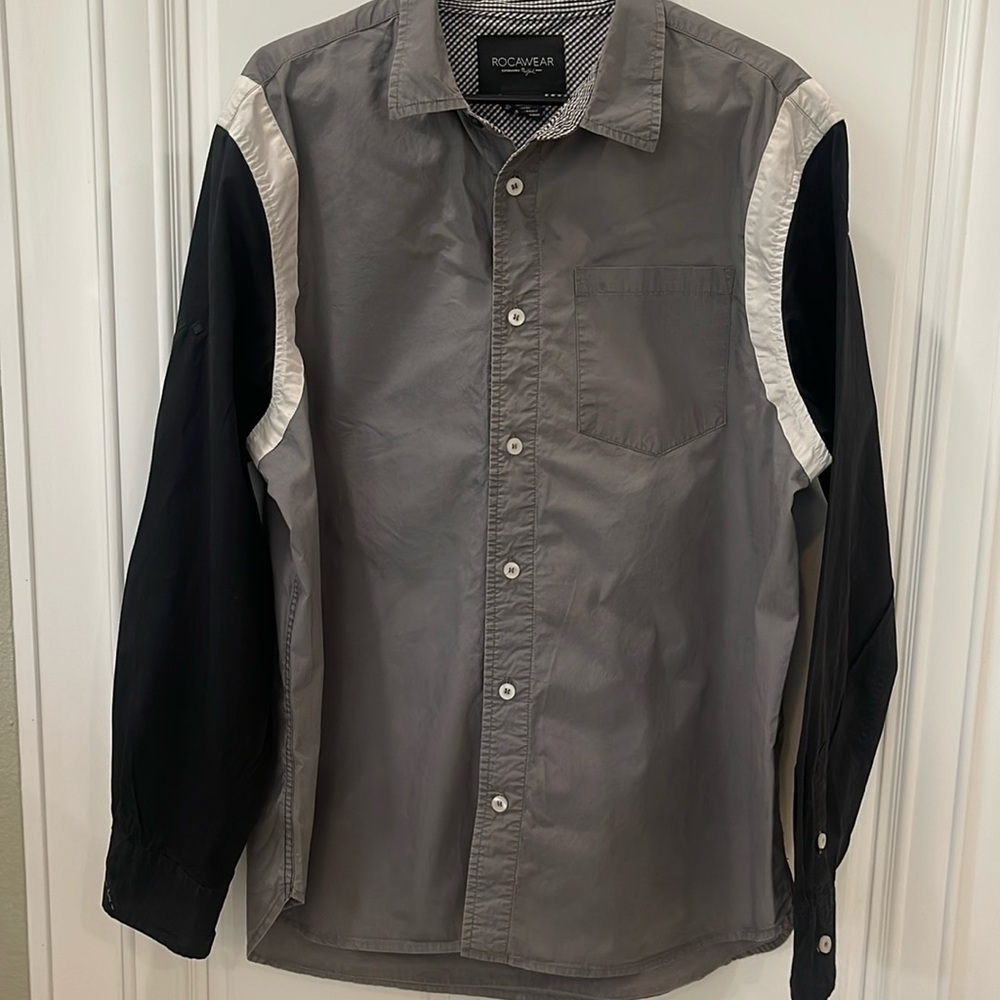 Rocawear men’s long sleeve button up down colorblock gray white black shirt s XL